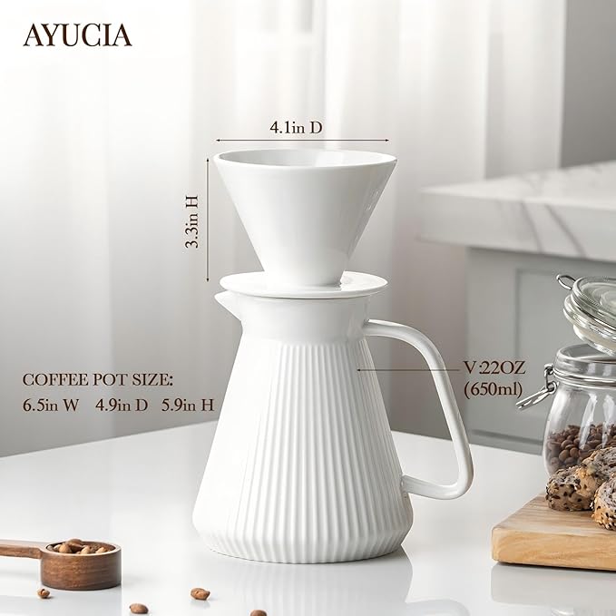 Pour Over Coffee Maker Set Ceramic Coffee Dripper with Pot Set 22OZ White Cream Pour Over Coffee Brewer for Home Café Restaurant Camping Size 02