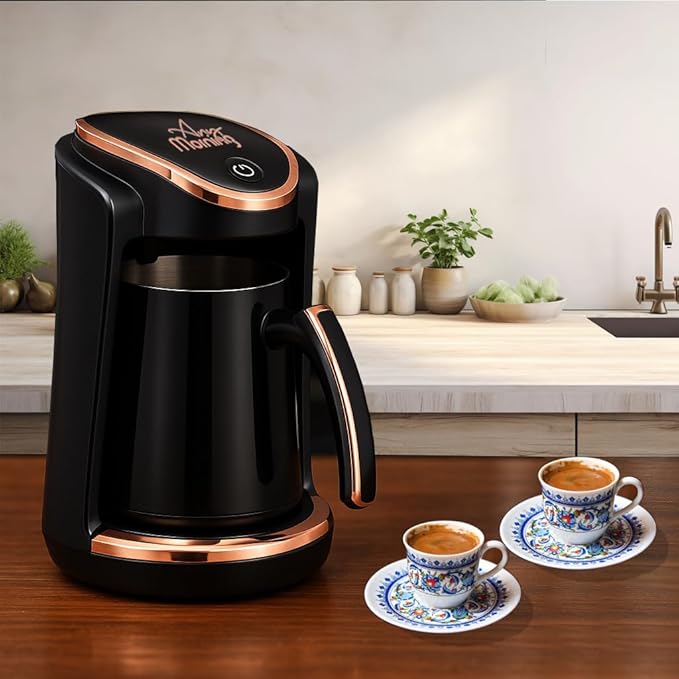 Any Morning Turkish &amp Greek Coffee Maker-Machine 1 to 4 Cups Capacity 100% BPA Free 400W Electric Coffee Pot with Cook Sense Technology Anti-Spill Design Authentic Foamy Brew Black