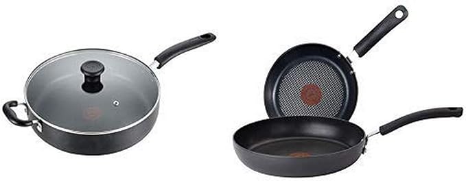 T-fal B36290 Specialty Nonstick 5 Qt. Jumbo Cooker Sauté Pan with Glass Lid Black AND Ultimate Hard Anodized 2-Piece Scratch Resistant Titanium Nonstick Thermo-Spot PFOA Free Cookware Set Gray