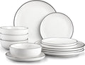 Plates and Bowls Sets for 412 Pieces Ceramic Dish set White Dinnerware Set for Kitchen Modern Design Plate Sets with Black Rim Microwave and Dishwasher Safe