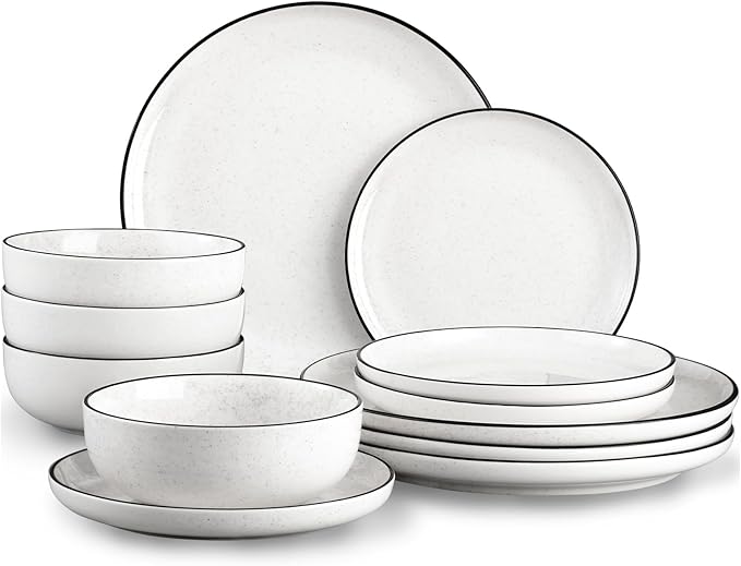 Plates and Bowls Sets for 412 Pieces Ceramic Dish set White Dinnerware Set for Kitchen Modern Design Plate Sets with Black Rim Microwave and Dishwasher Safe