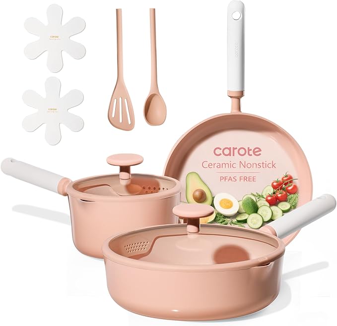 CAROTE Ceramic Cookware Set Nonstick 9pcs Pots and Pans Set Non stick Non-Toxic &amp PFAS-FreeDishwasher RV/Camping Cookware SetSauce Pan with Lid Pink