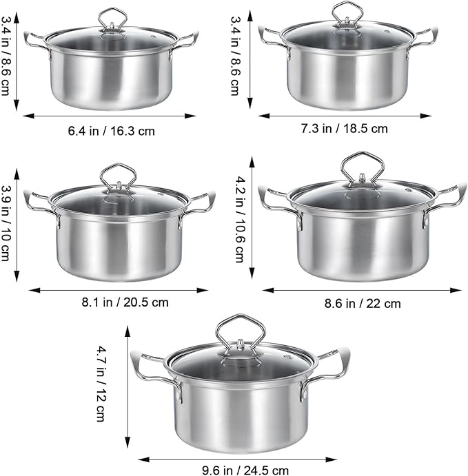 5-piece Stackable Pot Sets with Tempered Glass Lids Stainless Steel Cookware Pot Sets with Double Handles Compatible with Induction Electric Gas Cooktops/152 464895