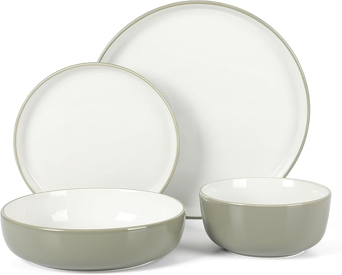 Sur La Table Kitchen Essentials 16 Piece Two-Tone Porcelain Chip and Scratch Resistant Dinnerware Plates and Bowls Set - Grey/White