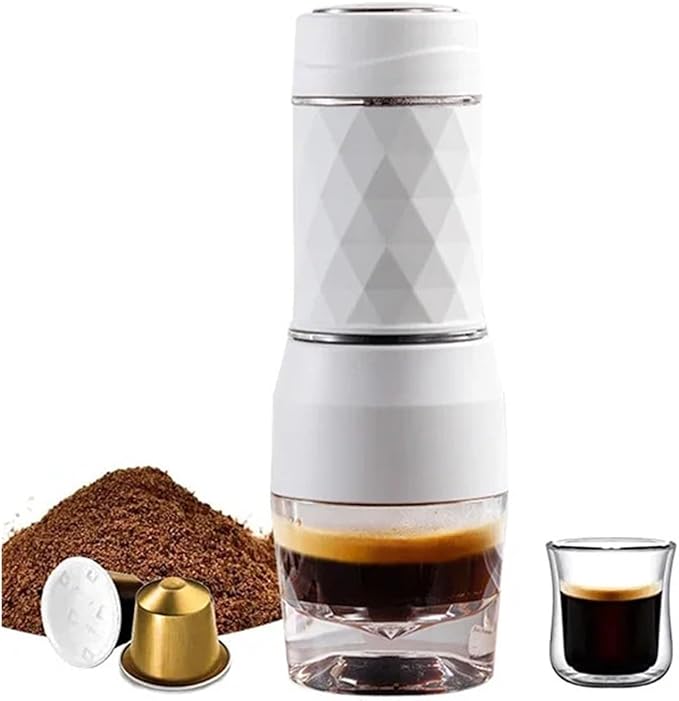 3 In1 Hot/Cold Portable Coffee Machine Manual Espresso Maker For Capsule &amp Ground Hand Press Brewer Home Office Travel(Bianco) (Bianco)