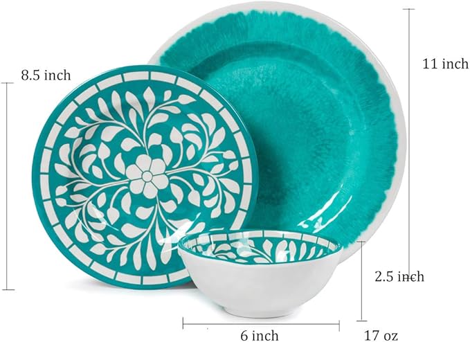 Melamine Dinnerware Sets -12 Piece Plates and Bowls Set for Indoor and Outdoor Use LightweightTeal colorGreen