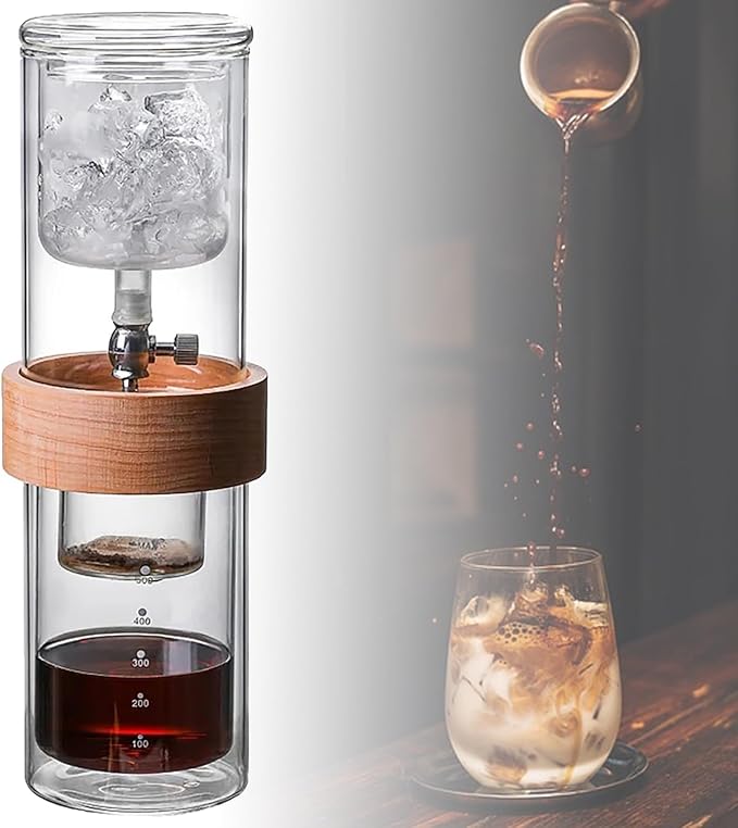 Ice Drip Coffee PotCold Brew Coffee MachineCold Drip Coffee Cold Brew Drip Tower500ML/17oz Double Glass Cold Brew Iced Coffee BrewerKitchen Bar Drip Pot Ice Cold Drinking Pot