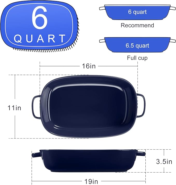 6 Quart Large Rectangular Baking Dish 16x11 Inches Ceramic Baking Pan Casserole Dish for CookingKitchen and Daily Use Safe for Oven Microwave Refrigerator Disinfection Cabinet and DishwasherBlue