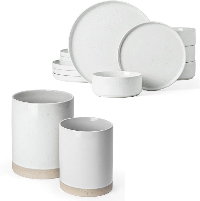 Famiware Nebula Plates and Bowls Set of 12 and Milkyway Kitchen Utensil Holder for Countertop Set of 2 14 Pieces Dinnerware Sets White
