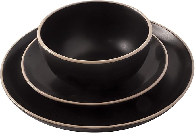 12-Piece Matte Stoneware Dinnerware Set – Modern Plates Bowls &amp Mugs for Everyday Dining (Black)