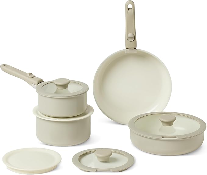 Amazon Basics Ceramic Nonstick Pots and Pans Set with Detachable handle 11-Piece Stackable set All Cooktop Friendly Includes Saucepan Frying pan Linen Gray.