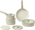 Amazon Basics Ceramic Nonstick Pots and Pans Set with Detachable handle 11-Piece Stackable set All Cooktop Friendly Includes Saucepan Frying pan Linen Gray.
