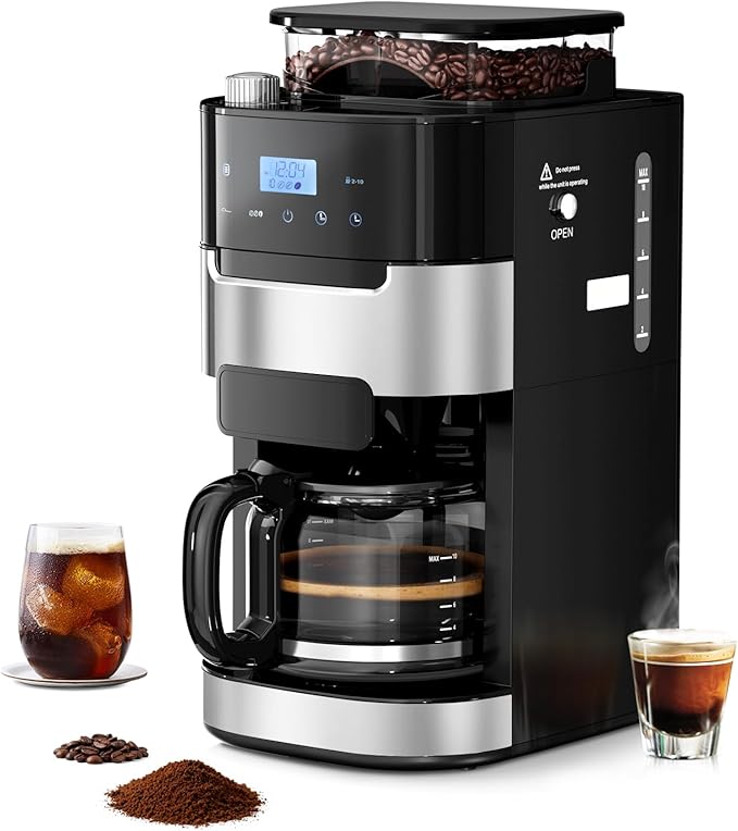 Drip Coffee Maker with Grinder Built In 10-Cup Grind and Brew Coffee Machine Fully Automatic Programmable with Brew Strength Permanent Filter Glass Carafe 50oz Water Tank Ideal for Home/Office