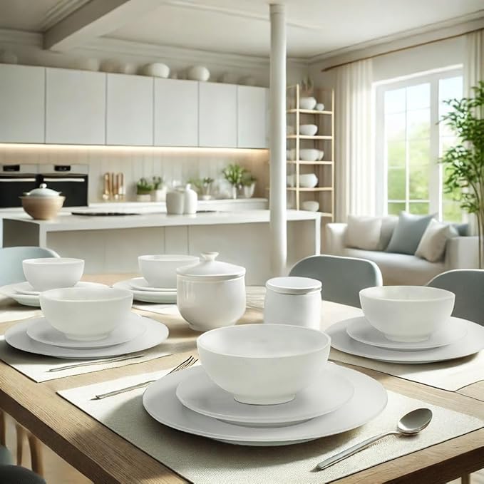 Nouva 18-Piece Service for 6 Porcelain Dinnerware Set Round Kitchen Plates and Bowls Set Chip &amp Scratch Resistant Dishware Sets White