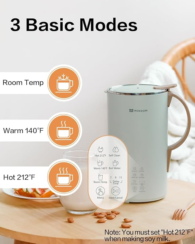 MOKKOM Automatic Nut Milk Maker 20 oz Soy Milk Maker Homemade Almond Oat Coconut Soy Plant-Based Milk and Dairy Free Beverages Almond Milk Maker with Delay Start/Boild Water/Self Clean - Green