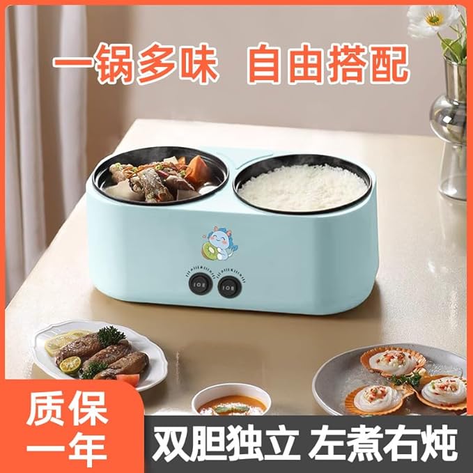 Double-Bird Electric Hot Pot Dual Compartment Cooker with Glass Lids Blue