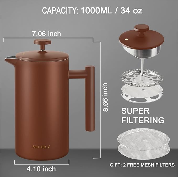 Secura French Press Coffee Maker 304 Grade Stainless Steel Insulated Coffee Press with 2 Extra Screens 34oz (1 Litre) Coffee