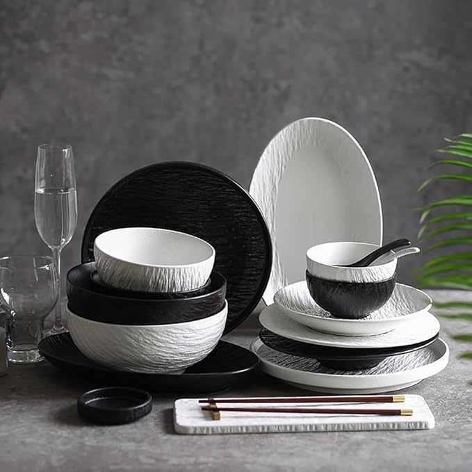 Wabi Sabi Stone Texture Ceramic Dinnerware Set 16-Piece Matte Bowl &amp Plate Set - 10” &amp 8” Plates Bowl Cups - Minimalist Stoneware for Modern Dining (Black/White) (black)