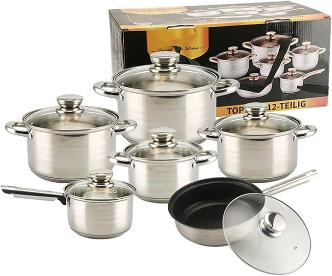 12pcs Pots and Pans Set Non Stick Stainless Steel Kitchen Cookware Sets Induction with Visual Lid Cooking Set Includes Soup Pot Frying Pan Milk Pot for Oven &amp Dishwasher SafeC