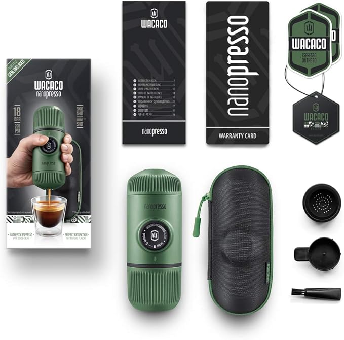 WACACO Nanopresso Portable Espresso Maker Bundled with Protective Case Upgrade Version of Minipresso Mini Travel Coffee Machine Perfect for Camping Travel and Office (Elements Moss Green)