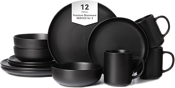 12-Piece Stoneware Dinnerware Set for 3 - Chip-Resistant Plates Bowls &amp Mugs Premium High-Density Stoneware Dishwasher &amp Microwave Safe Stackable Space-Saving Design with Matte Glaze(Black