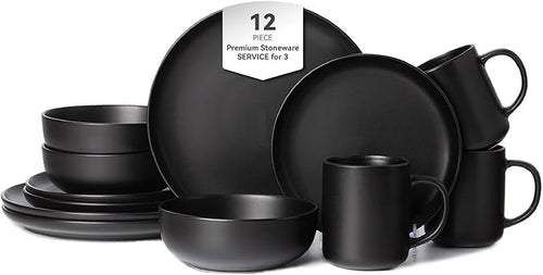 12-Piece Stoneware Dinnerware Set for 3 - Chip-Resistant Plates Bowls &amp Mugs Premium High-Density Stoneware Dishwasher &amp Microwave Safe Stackable Space-Saving Design with Matte Glaze(Black