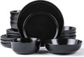 SKUGGA Round Stoneware 16pc Double Bowl Dinnerware Set for 4 Dinner Plates Side Plates Cereal Bowls Pasta Bowls - Matte Black (467586)