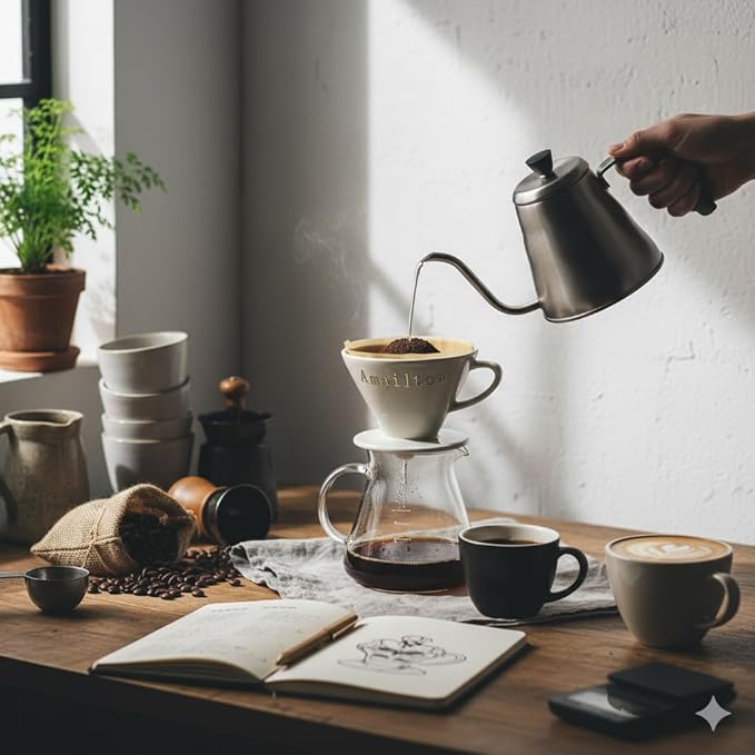 Amailtom Ceramic Pour Over Coffee Dripper Manual Slow Brew Coffee Maker with Open Base Design for Precise Extraction Single Cup Porcelain Brewer White