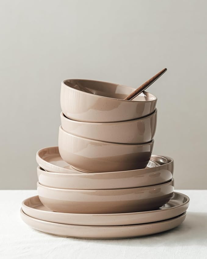Famiware Milkyway Plates and Bowls Set 12 Pieces Dinnerware Sets Dishes Set for 4 Cinnamon Brown