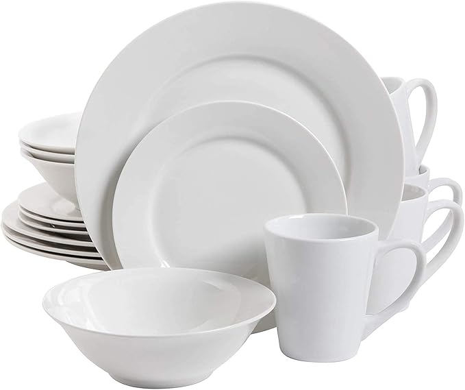 Gibson Home 102563.16RM Classic Porcelain Zen Buffet 16 Piece Round Dinnerware Set with Multi Sized Plates Bowls and Mugs White (2 Pack)