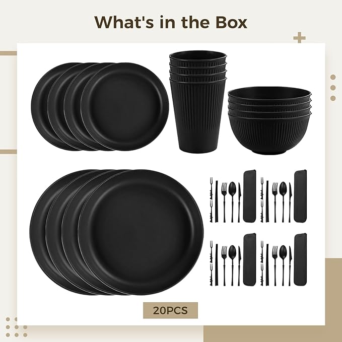 20-Piece Wheat Straw Dinnerware Set for 4 6 Or 8 People Unbreakable Plates Bowls Cups Cutlery Stackable &amp Microwave-Safe