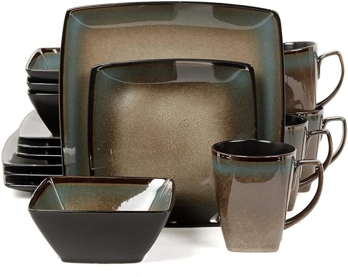 16 Piece Square Dinnerware Set Taupe Brown Solid Casual Stoneware Dishwasher Safe