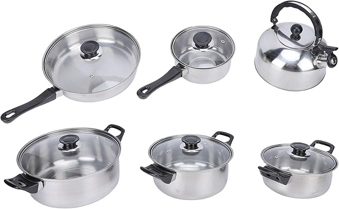 Fdit Stainless Steel Cookware Set 6 Piece Kitchen Pots and Pans Set with Glass Lids and Tea Kettle Induction Compatible Pot Set for Frying Boiling Stewing Multi Size Cooking