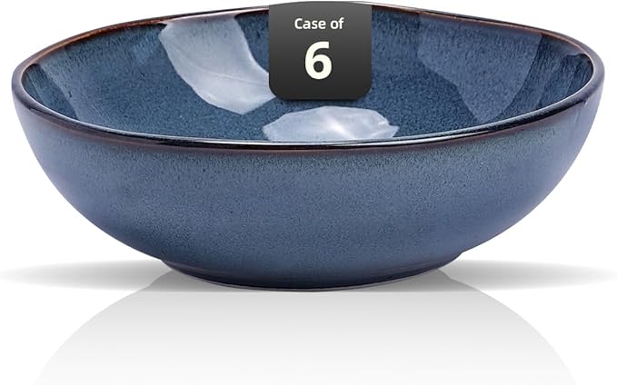 Organic Shape Highland Ceramic Soup/pasta Bowl 6pcs Reactive Glaze 8inch Bowls with Wavy Edge for Kitchen Microwave &amp Dishwasher Safe Scratch Resistant-Blue