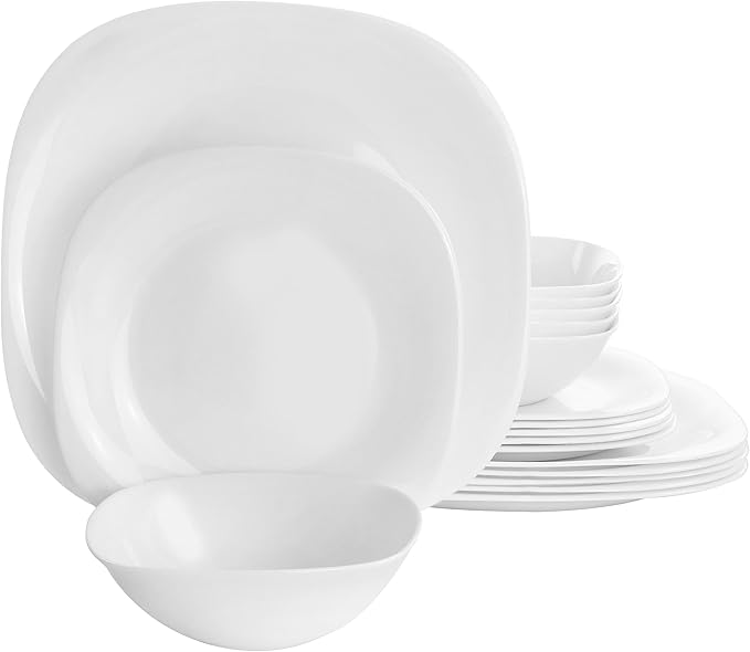 18 Piece Soft Square Opal Glass Dinnerware Set White Solid Casual Dishwasher Safe
