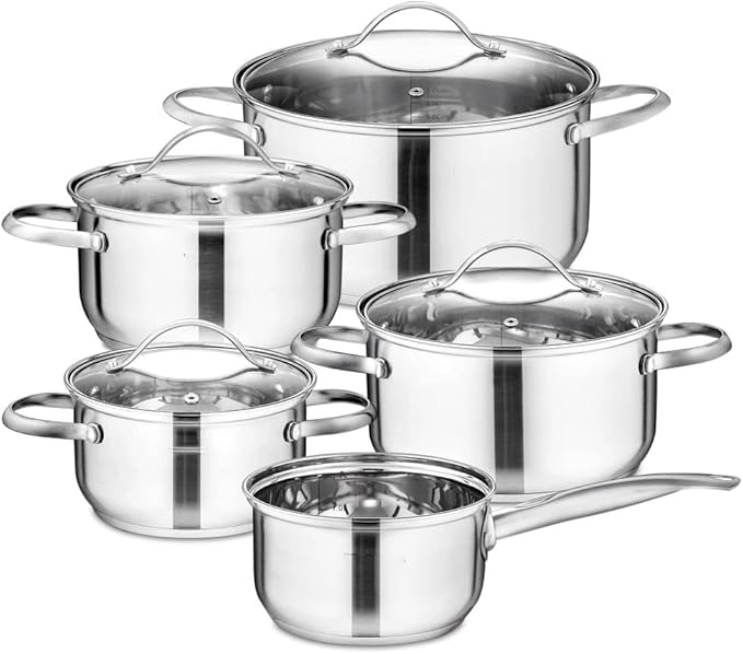 Cookware Set Kitchen Stainless Steel 9-Piece Cooking Pot SetInduction SafeNon Stick SaucepanCasserole with Glass lid