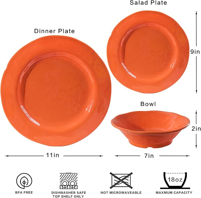 LEHAHA Orange Melamine Dinnerware Set 12 Piece Kitchen Tableware Plates Bowls Dishes Set Lightweight Unbreakable Dinnerware Set for 4 Dishwasher Safe and BPA free