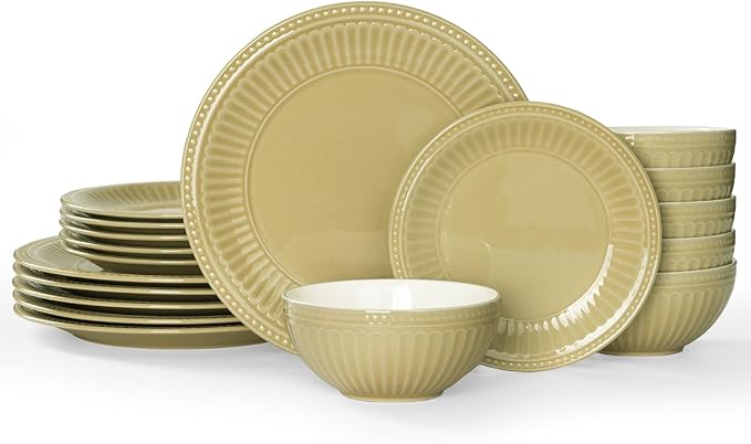 Famiware Garden Plates and Bowls Set for 6 18-Piece Kitchen Dishes Dinnerware Set - Microwave and Dishwasher Safe Scratch Resistant Reactive Glaze and Embossed Stoneware Tableware Yellow