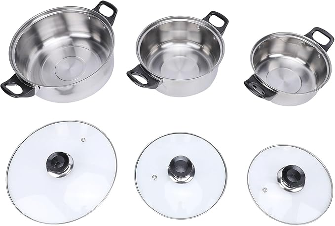 Fdit Stainless Steel Cookware Set 6 Piece Kitchen Pots and Pans Set with Glass Lids and Tea Kettle Induction Compatible Pot Set for Frying Boiling Stewing Multi Size Cooking
