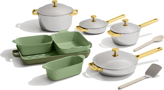 Our Place Titanium Pro Cookware &amp Bakeware Set | 15-Piece Non-toxic Nonstick Kitchenware with Titanium Always Pan Pro Perfect Pot Pro Minis &amp Ceramic Bakeware with Stovetop Griddle | Sage