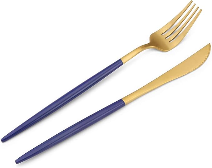 Matte Gold Silverware Set with blue handle Bysta 20-Piece Stainless Steel Flatware Set Kitchen Utensil Set Service for 4 Tableware Cutlery Set for Home and Restaurant Satin Finish Dishwasher Safe