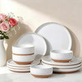 AmorArc Ceramic Dinnerware Sets for 4 12 Pieces Handpainted Plates and Bowls Set with Rustic Terracotta Underside Scratch Resistant Stoneware Dishes Set Dishwasher &amp Microwave Safe White