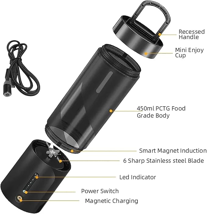 Portable Smoothie Blender Personal Rechargeable Fruit Mixer with 6 Stainless Steel Blades 450ml Capacity and 25 Cups Output/Full Charged Auto Cleaning Function for Work Travel Gym