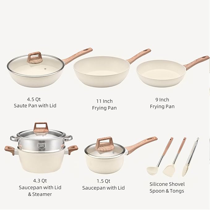 Diydeg Kitchen Cookware Set Includes 5pcs White Pots and Pans Tong Spatula Ladle Non Stick Baking Pan Frying Pans Saucepan Grill Pan Induction Kitchen Cooking Set Dishwasher