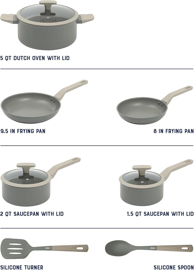Oster Ambrose 10 Piece Forged Aluminum Premium PFA Free Ceramic Nonstick Pots and Pans Cookware Set W/Induction &ampStay Cool Handles - Grey/Taupe