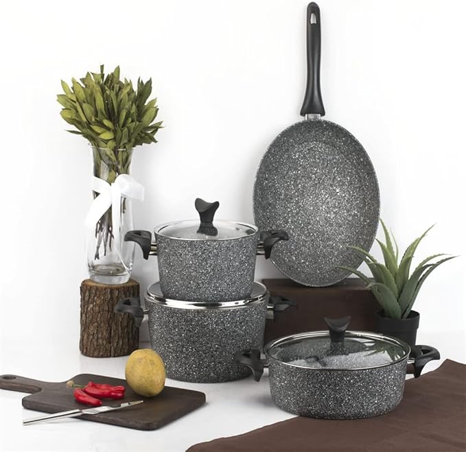 7 Piece Granite Cookware Set Gray Pan Kitchen Utensil Useful Non-Stick Pan Cookware Set