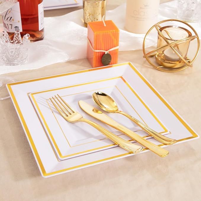 WDF 125pcs Gold Plastic Plates Set - Fall Plastic Plates Gold Rimmed Dinner &amp Salad Plate Silverware (25 Forks Knives Spoons) for Wedding Baby Shower Spring Birthday