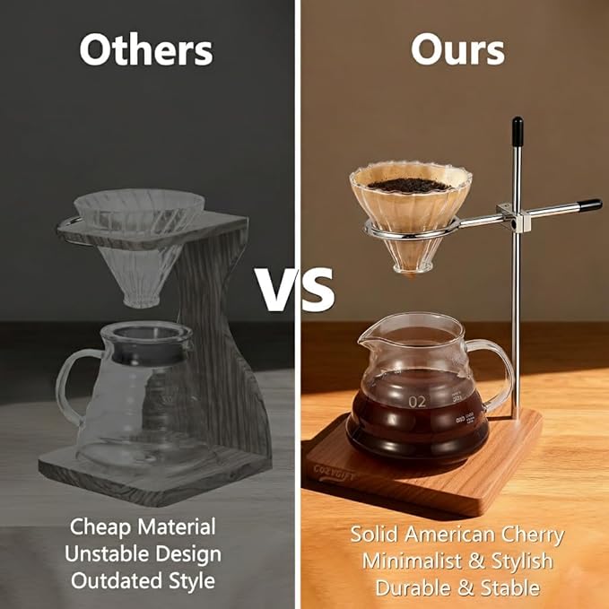 Pour Over Coffee Stand with Solid American Cherry Base Height Adjustable Coffee Dripper Stand Wooden Brewing Station for V60 Elegant Gift for Home Barista &amp Kitchen Décor