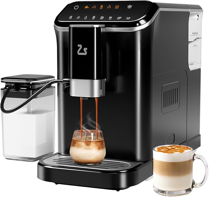 Automatic Espresso Machine with 20 Bar Pressure – One-Touch Coffee Maker Built-in Grinder &amp Milk Frother 6 Custom Recipes 1.5L Water Tank Auto Self-Cleaning 120V for Home &amp Office (Black&