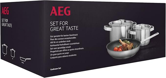 AEG 3pc (S) Pans Saucepans Set - Stainless Steel 24cm Frying Pan 16cm &amp 20cm Saucepans Induction Compatible